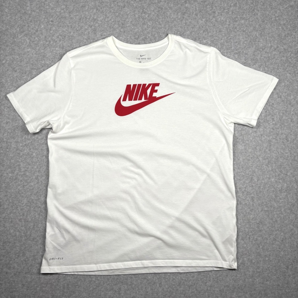 Nike Tee Shirt Dri-Fit Mens XL White Red Center Swoosh Logo Athleisure Gym